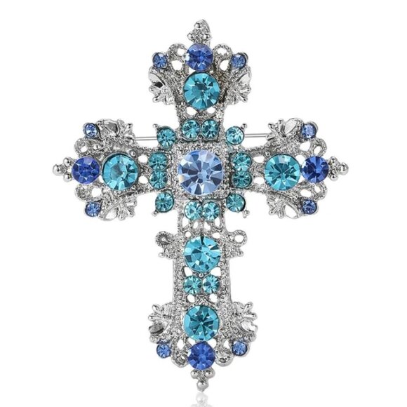 Silver Tone Cross Brooch With Blue Iridescent Rhinestones - Picture 1 of 2